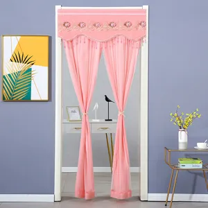 Pink double layer door curtain with embroidered valance and beads for home decor room partition