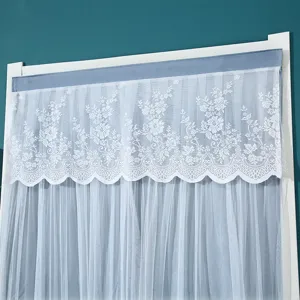 Close-up detail of blue door curtain featuring exquisite white floral lace valance design.