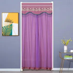 Detailed view of the double-layer purple door curtain with lace embroidery and tassels.