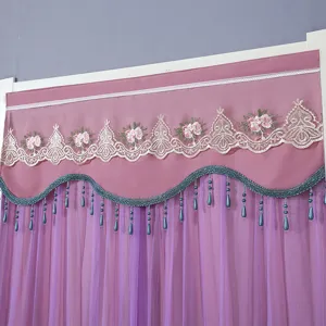 Double layer blackout door curtain with lace embroidery and elegant beaded fringe for bedroom.