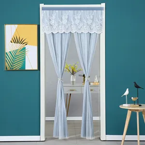 Blue lace door curtain mesh privacy hanging curtain for bedroom home decoration interior use.