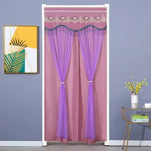 Double layer door curtain with lace valance and purple sheer tulle for bedroom partition decor.