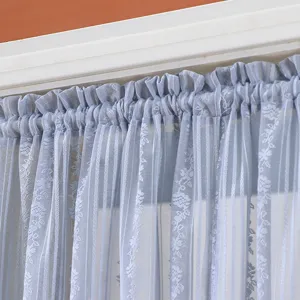Blue lace short curtain detail, sheer door window drape with romantic floral pattern design.