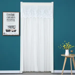 White sheer door curtain with lace valance, elegant mesh privacy hanging curtain for bedroom.