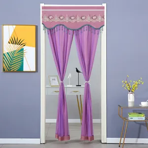 Detailed view of purple double-layer door curtain featuring delicate embroidery and elegant tassels.