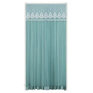 Teal door curtain with white lace and pom poms for bedroom privacy partition decor