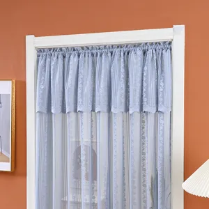 Detail view of blue lace door curtain, elegant sheer floral fabric for room decor and privacy.