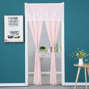 Pink sheer door curtain with white floral lace embroidery, elegant room decor privacy hanging curtain