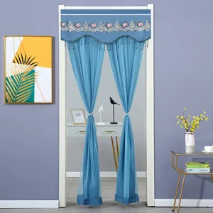 Detail view of blue door curtain scene with elegant lace trim and hanging bead tassels nicely.