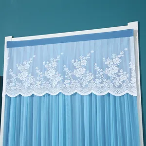 Close-up view of blue and white floral lace curtain detail, soft texture and neat folds.