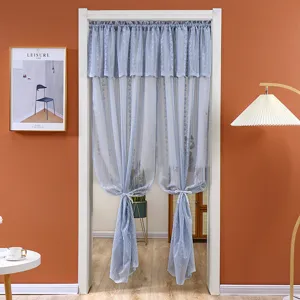 Blue sheer lace door curtain short drapery for bedroom privacy decoration, elegant home decor.
