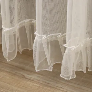 Exquisite lace mesh door curtain detail, featuring delicate double ruffles and soft sheer texture.