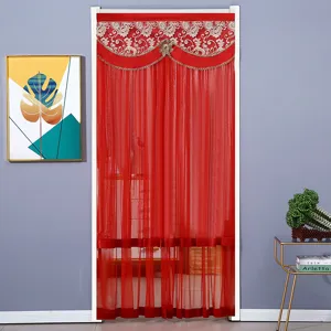 European style red mesh door curtain with lace valance, punch-free partition for bedroom.