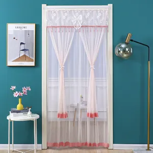 Pink lace mesh door curtain double layer room divider with bow and elegant tie back