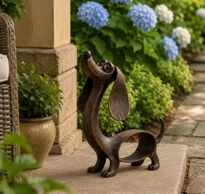 Detalle macro de una figura de perro salchicha estilizada de color bronce en un jardín