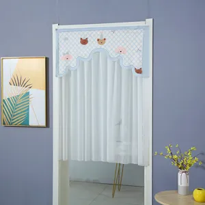 Cute blue check half door curtain with sheer white mesh, sweet animal pattern for bedroom.