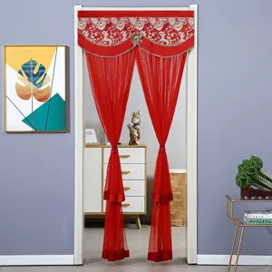 European style red mesh door curtain with lace valance for bedroom decoration and privacy.