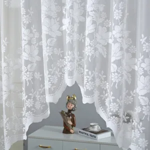 White sheer short curtain with delicate floral lace jacquard French style home decor.