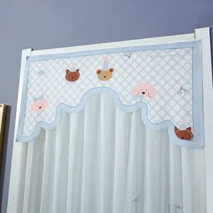 Cute blue plaid half curtain for bedroom door, short valance with sweet cartoon animal prints.