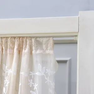 Elegant beige lace door curtain with white floral embroidery for bedroom privacy and room partition
