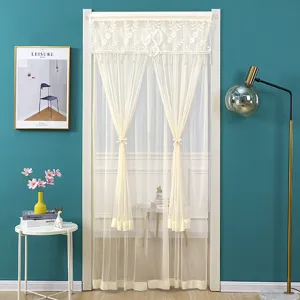 Cream lace door curtain, double-layer sheer mesh partition with bows and floral embroidery.