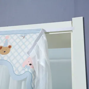 Cute blue grid cartoon bear half door curtain with white lace tulle, punch-free hanging design.