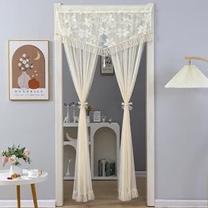 Elegant lace door curtain detail view, delicate floral embroidery and sheer fabric for home decor.