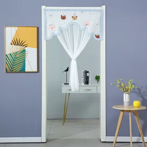 Blue and white plaid half door curtain with sheer white mesh and cute bear pattern for bedroom.