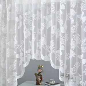 White lace half curtain with elegant floral and butterfly patterns for kitchen and room decor.