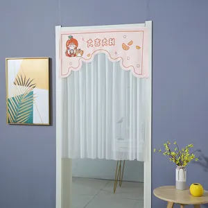 Fabric door curtain with cute cartoon pink valence and sheer white mesh for bedroom decor.