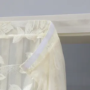 Lace door curtain detail showing Velcro top attachment and elegant floral mesh fabric design.