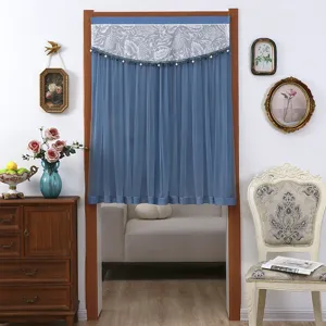 Blue lace door curtain punch-free telescopic rod bedroom privacy curtain opaque partition curtain.