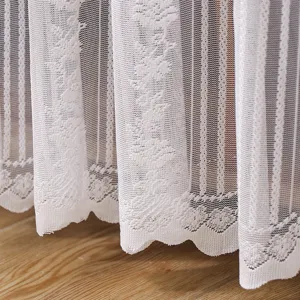 White lace fabric detail, vertical striped sheer curtain texture, elegant dust cover close-up