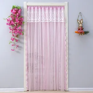 Pink lace door curtain, sheer mesh partition curtain with floral embroidery for bedroom home decor.