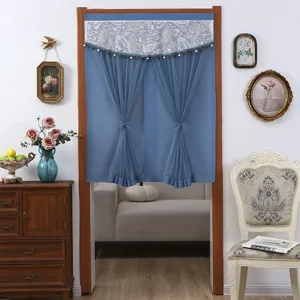 Blue door curtain with lace valance and beaded fringe, bedroom privacy partition for home decor.