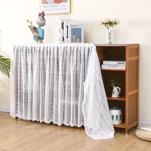 White lace dust cover for bookshelves and cabinets, elegant sheer curtain for home decor.