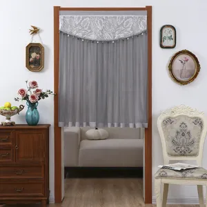 Gray leaf patterned door curtain with bead fringe for bedroom privacy and room decoration.