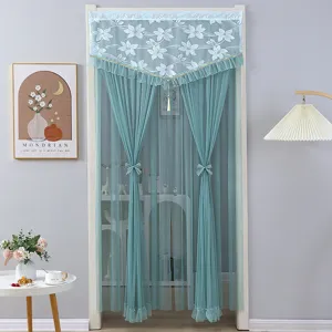 Teal lace door curtain with floral embroidery sheer tulle punch-free room divider decor.