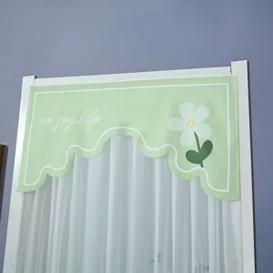 Green fabric short curtain with white flower print, delicate wave edge design for room decor.