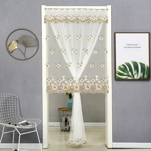 Rideau de porte brodé en dentelle blanche, voilage transparent séparateur de pièce déco