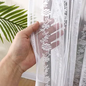 White lace dustproof curtain for cabinet and bookshelf, elegant floral pattern translucent fabric.