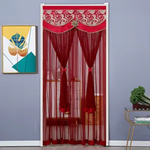 Detail view of red European style mesh door curtain, perfect for bedroom partition and decor.