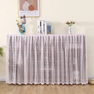 Pink lace dust curtain for bookshelf and shoe cabinet, elegant mesh fabric cover for home storage.