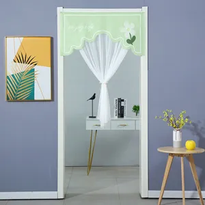 Green fabric half doorway curtain with white sheer tulle, elegant floral design for home bedroom.