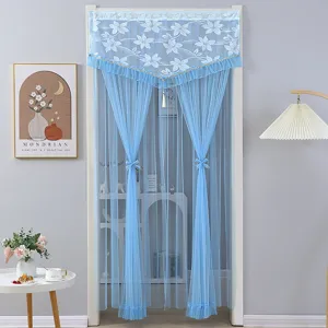 Blue lace door curtain sheer fabric gauze hanging partition for room decoration and shading.