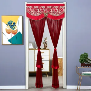 European style red mesh door curtain with exquisite embroidery valance and tie-back design.