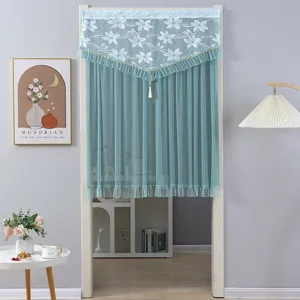 Blue lace door curtain with floral embroidery and tassel, punch-free sheer hanging curtain.