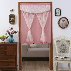 Pink doorway curtain with white lace valance, stylish room divider for bedroom privacy decor.