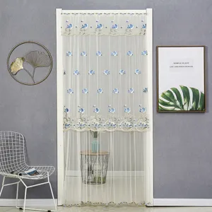 Rideau de porte en dentelle à fleurs bleues moustiquaire d'été transparente séparateur de pièce