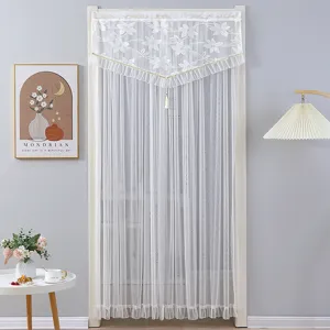White lace door curtain with floral embroidery and ruffle, elegant mesh hanging curtain for decor.